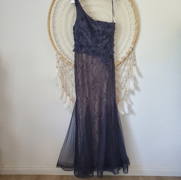 Xscape Women's Lace Mesh One-Shoulder Gown Blue Prom Mother of the Bride 8 - Picture 5 of 16